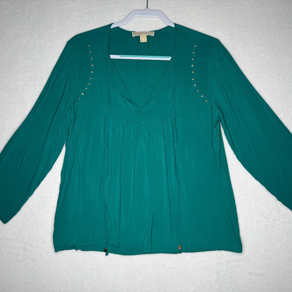 Michael‎ Michael Kors Blouse M Teal Emerald Boho Gold Studded Long Sleeve Top